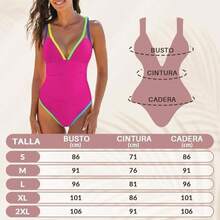 AUTOWT Trajes de Baño de una Pieza para Mujer, Trajes Baño Control Abdomen con Bloques Color Neón, Cuello en V Profundo para Nadar Surf Buceo Natación y Vacaciones en la Playa - Fucsia-M - Ver 2
