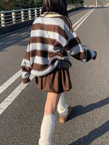 Korean Style Collegiate Striped Lapel Loose Knit Sweater - Blue - View 2