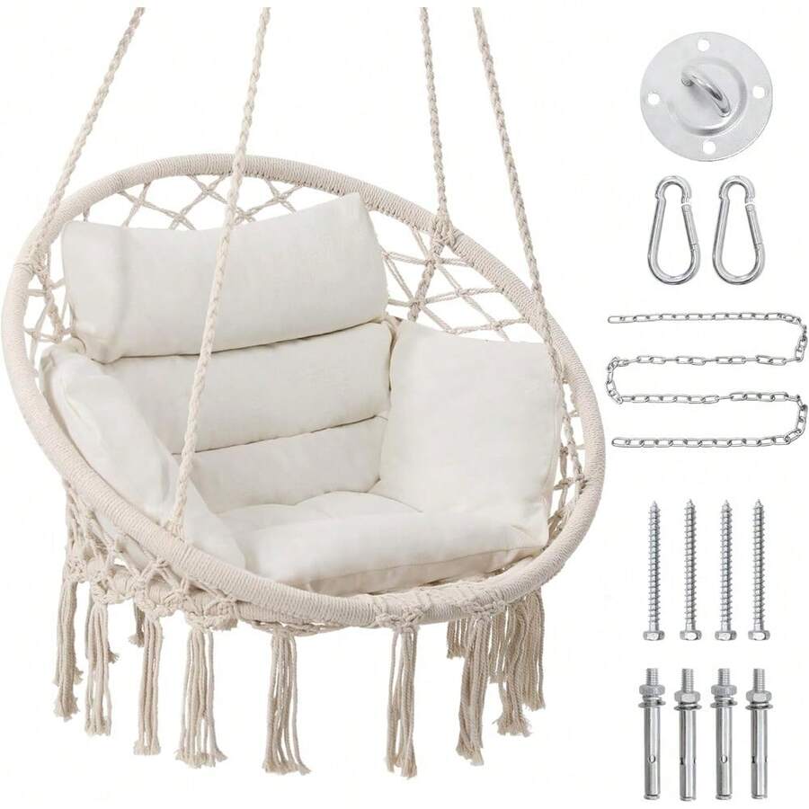 Macrame Hammock Hanging Swinging Chair With Medium Cushion, Perfect For Bedroom, Porch, Adults, Balcony, Beige - Ordinary Style1-beige - 查看 1