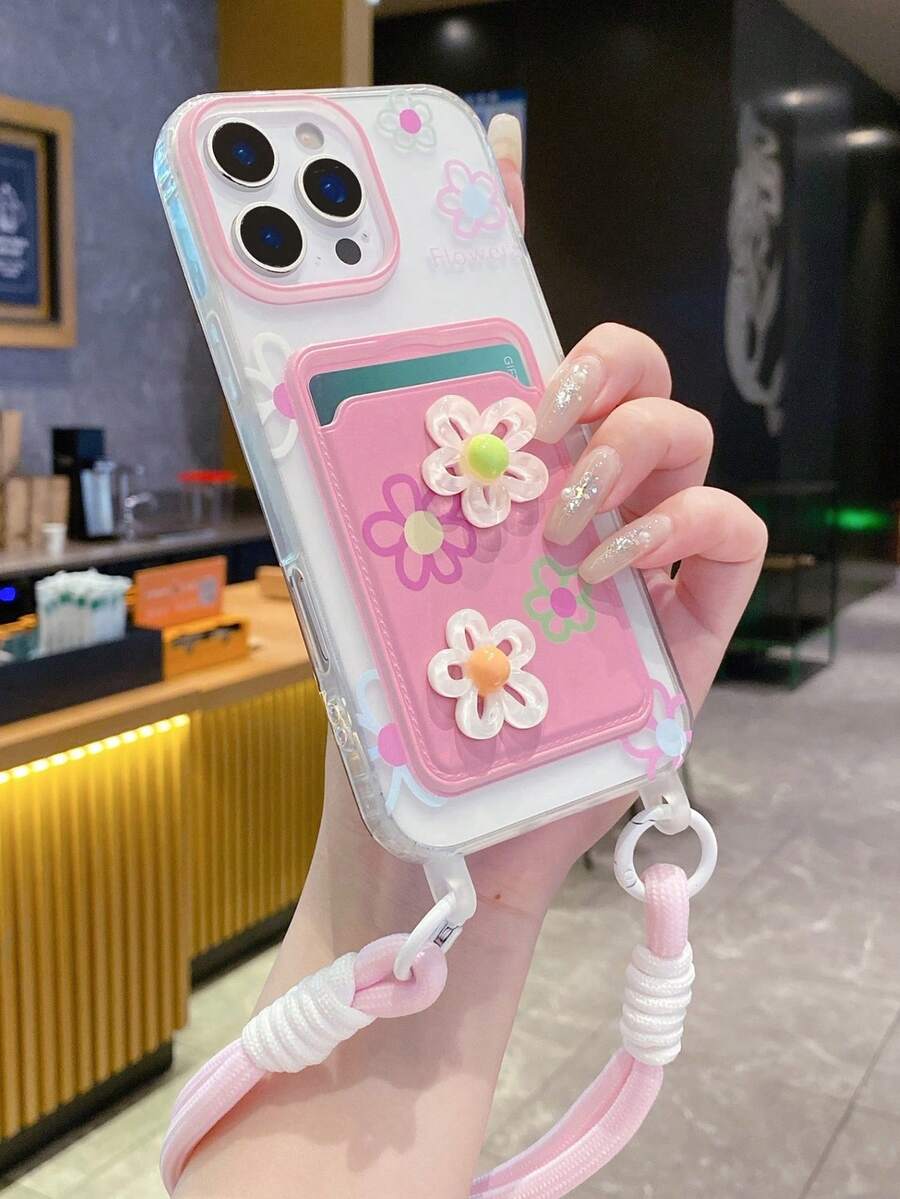 花卉图案卡包手机壳，带挂绳，防震全包保护套，兼容 11/12/13/14/15/16/17 Pro Max，少女风设计 - 粉色 - 查看 1