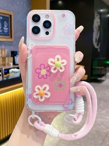 花卉图案卡包手机壳，带挂绳，防震全包保护套，兼容 11/12/13/14/15/16/17 Pro Max，少女风设计 - 粉色 - 查看 2