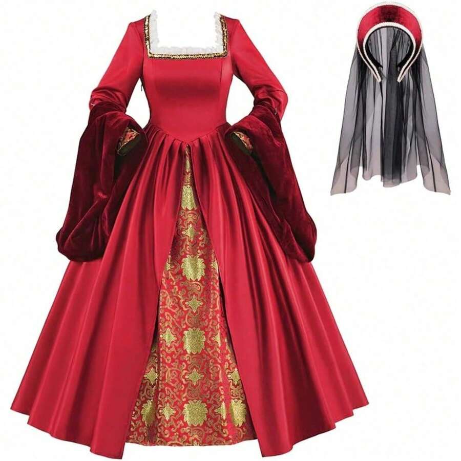 Anne Boleyn Dress  Queen Cosplay Costume Renaissance Dress Elizabethan Ball Gown For Women - 紅色 - 查看 1
