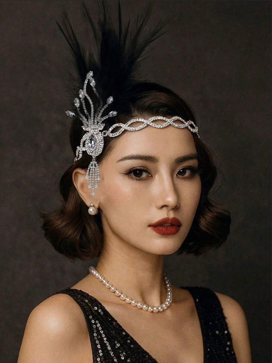 1件1920年代复古羽毛头饰，适合爵士时代女孩、新娘等各种场合，包含羽毛头饰、发饰和头链，女士发饰，婚礼配饰 - 銀色 - 查看 1