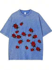 230g Washed Cotton, Seven-Star Ladybug Printed T-Shirt, High-Quality Batik Cotton Retro Fashion Brand T-Shirt, Men's T-Shirt, Men's Summer T-Shirt, Holiday Gift, Perfect Gift. - Xanh đậm - Xem 1