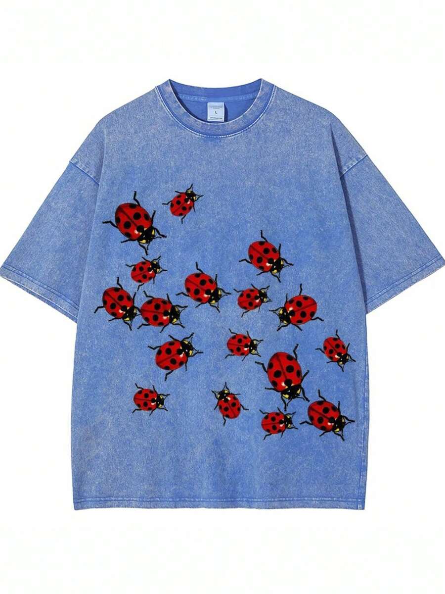 230g Washed Cotton, Seven-Star Ladybug Printed T-Shirt, High-Quality Batik Cotton Retro Fashion Brand T-Shirt, Men's T-Shirt, Men's Summer T-Shirt, Holiday Gift, Perfect Gift. - Xanh đậm - Xem 1
