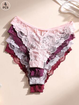 4条装性感低腰无痕花卉蕾丝丁字裤 | 柔软舒适透气，适合瑜伽、日常穿着，镂空低腰三角裤