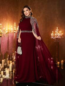 UNITHORSE Plus 女士立领超长袖针织拼接网纱奢华贴花装饰长款晚礼服，正式厚重晚礼服，适合颁奖典礼、晚宴和其他正式场合，如婚礼派对和春季活动。 - 酒紅色 - 查看 3