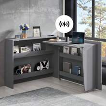 Faltbarer Schreibtisch Mit Rollen & Wireless Charger–2-In-1 Sideboard & Arbeitsplatz, 115*27*93 Cm Geschlossen, 95*51 Cm Tischfläche, Mit Regal & Anti-Kipp, Rollen Mit Bremse-Schreibtisch - Grey - View 1