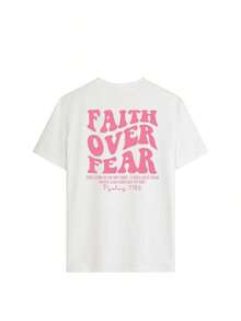 1pcs Plus Size Women's T-Shirt, Printed With "FAITH OVER FEAR" And Bible Verse Designs On The Back, Suitable For Church Services, Religious Activities - 白3 - 查看 5