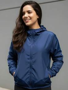 Women's Windbreaker Jacket Without Lining In Memory Fabric With Water-Repellent Hood - 藏蓝色 - 查看 1