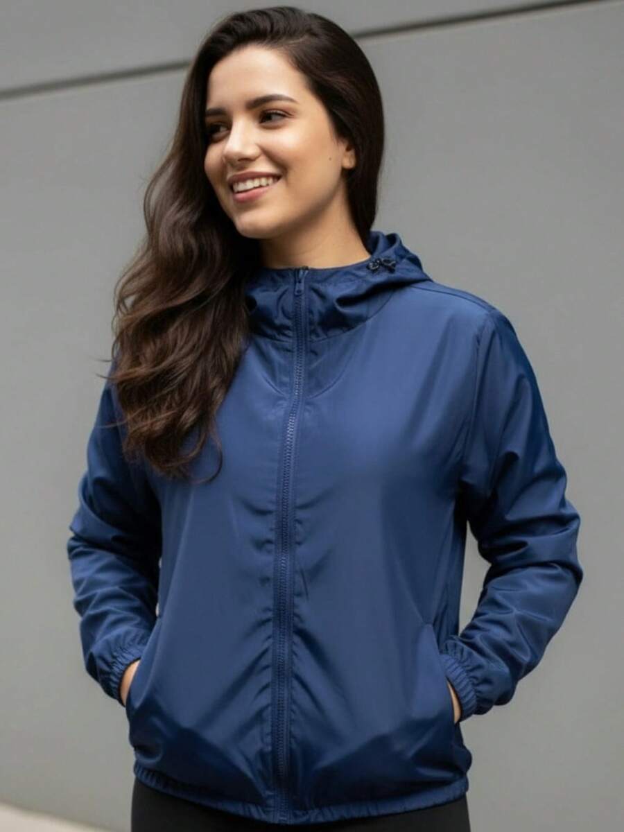 Women's Windbreaker Jacket Without Lining In Memory Fabric With Water-Repellent Hood - 藏蓝色 - 查看 1