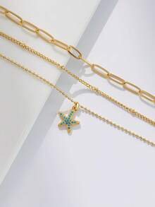 Nooxian 3pcs/Set Women Bracelets Set, Bohemian Summer Beach Style, Includes Golden Plated Multi-Layer Basic Chain, Beaded Chain, Satellite Chain, Paper Clip Chain, Bead Chain, Copper Inlaid Blue Zirconia Starfish Pendant, Multi-Layer Stacking Bracelets, Jewelry Gift - Yellow Gold - View 3