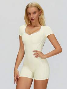 MASKERT 高弹力女士运动连体裤，时尚露背设计，紧身塑形，夏季健身瑜伽连体裤 - 鵝黃色 - 查看 3