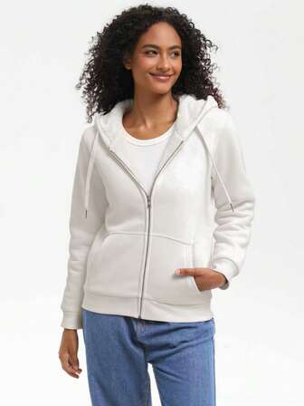 Speed mate Tjock, kraftig vit damjacka med huva, varm fleecejacka med sherpafodring och fickor för kallt väder, vinterjacka med dragkedja framtill, avslappnad vinterutomhusjacka