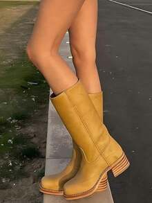 Knee High Boots For Woman Square Toe Fall Wide Calf Pull On Chunky Block Heeled Boots Riding Boots Knight Women's Boots Autumn Casual Comfortable Block Heels For Women - Màu vàng chuối - Xem 5