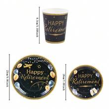 退休快乐黑金一次性餐具套装，7/9英寸派对餐盘，一次性纸盘和纸杯，适用于节日、婚礼、订婚、生日、派对、庆祝活动 - 彩色 - 查看 2