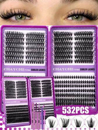 CMAYOME Set de herramientas para pestañas en racimo 476/532, rizado en forma de D, densidad de 10-100D, longitud de 8-18mm. Cada caja contiene cuatro estilos, estilo DIY que permite libertad creativa, creando un efecto de ojo de gato, adecuado para principiantes, naturalmente ligero, suave y lleno. El set de extensión de pestañas individuales DIY incluye pegamento, pinzas y un cepillo para pestañas, mejorando el maquillaje de ojos, perfecto para uso diario, trabajo, viajes, citas y otras ocasiones.