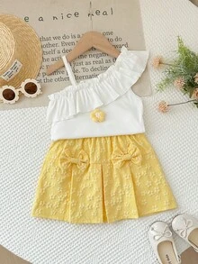 Girls Summer White & Yellow 2-Piece Set: Ruffle Trim Asymmetric Shoulder Floral Top + Bowknot Jacquard Skirt, Sweet Princess Style Children Casual Outfit - Yellow - View 11