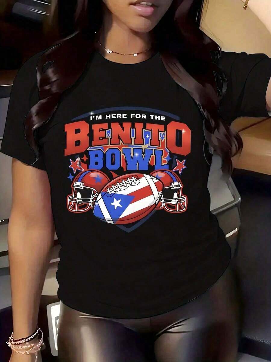 Women Round Neck Shirt I Here Benito Bowl Puerto Rico Helmet Print Short Sleeve Casual Tee Sports Fans EventsUnisex Casual-Shirts - màu đen - Xem 1