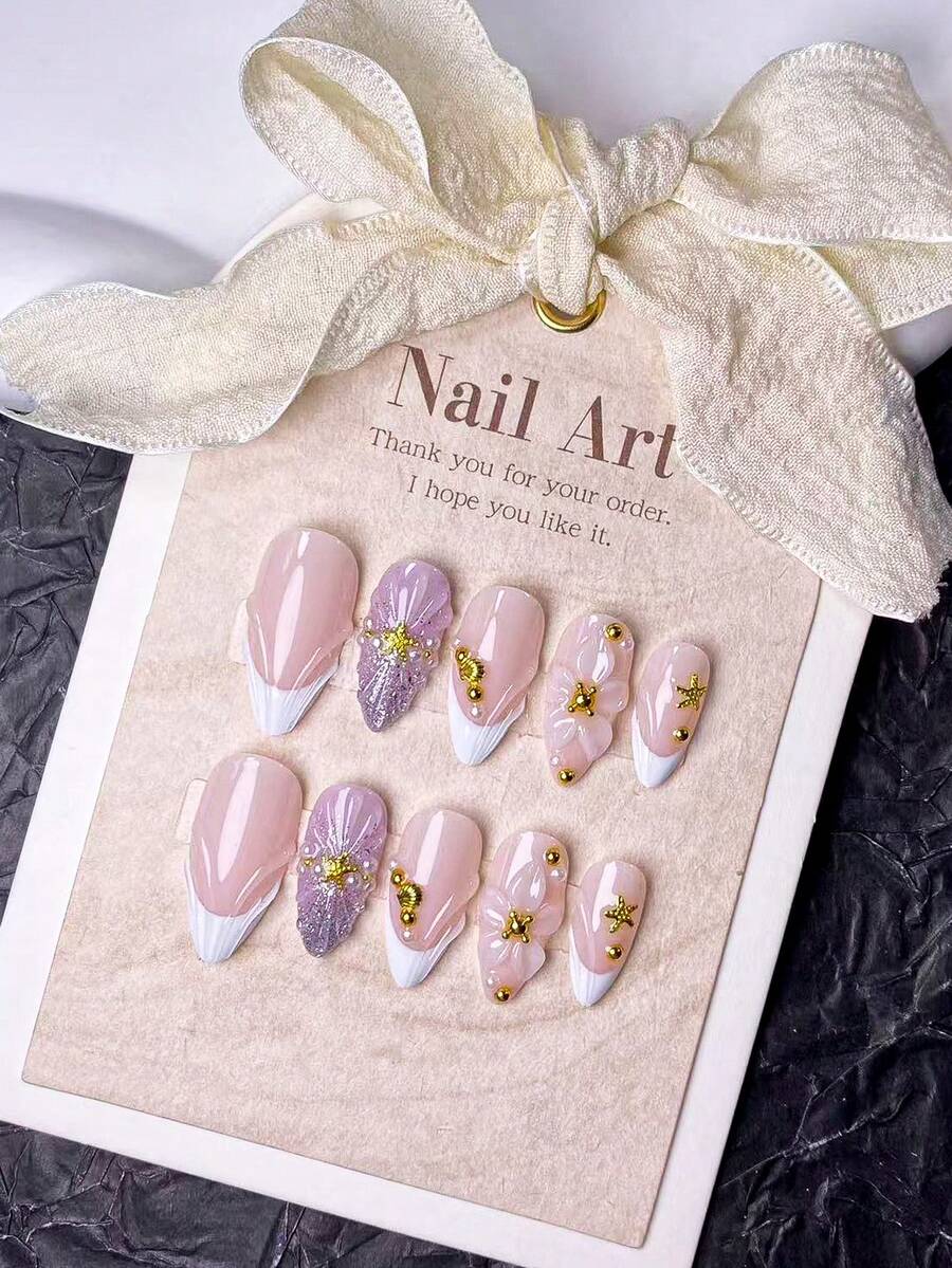 10pcs Handmade Press-On Nails, Acrylic Press-On Nails, Short Nails, False Nails, New Year Nails, Nail Art Set, French Manicure, Cute Nails, Y2K Nails, Almond Shaped Nails, White Nails, Pink Nails, Purple Nails, Gold Nails - White - View 1