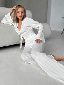 2pcs Elegant Casual Heart Print Drawstring Long Sleeve Pajama Set - White - View 4