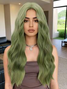 绿色长卷发假发，26英寸，中分刘海，逼真头皮，耐热纤维材质，适合女性日常时尚佩戴、节日聚会、婚礼派对、万圣节、圣诞节、角色扮演、Y2K冬季休闲街头风等多种场合。 - 綠色 - 查看 2