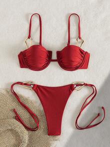 Women's Resort Style Steel Handbag & Bikini 2 Pieces Set, With Shoulder Strap And Metal Waist Belt, Suitable For Summer Island Vacation Beach - Red - View 4