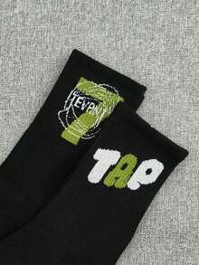 1/5/10 Pairs Random Men's Street Letter & Stripe Pattern Socks, Black & White Mid-Calf Socks, Long Socks For Couples - Black - View 6
