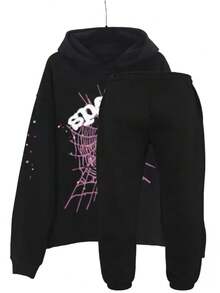 Men's Hip Hop Spider Web Pattern Graphic Alphabet Print Harajuku Vintage Hoodie Long Sleeve Street Wear Top For Both Men And Women Oversized Hoodies,Christmas Gifts For Bf,Essential Hoodies - màu đen - Xem 5