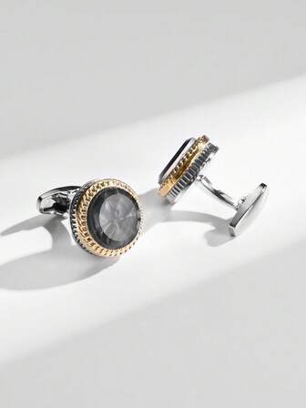 1 par de gemelos de aleación de cobre marrón redondos y elegantes para hombres, en caja de regalo elegante para fiestas y reuniones