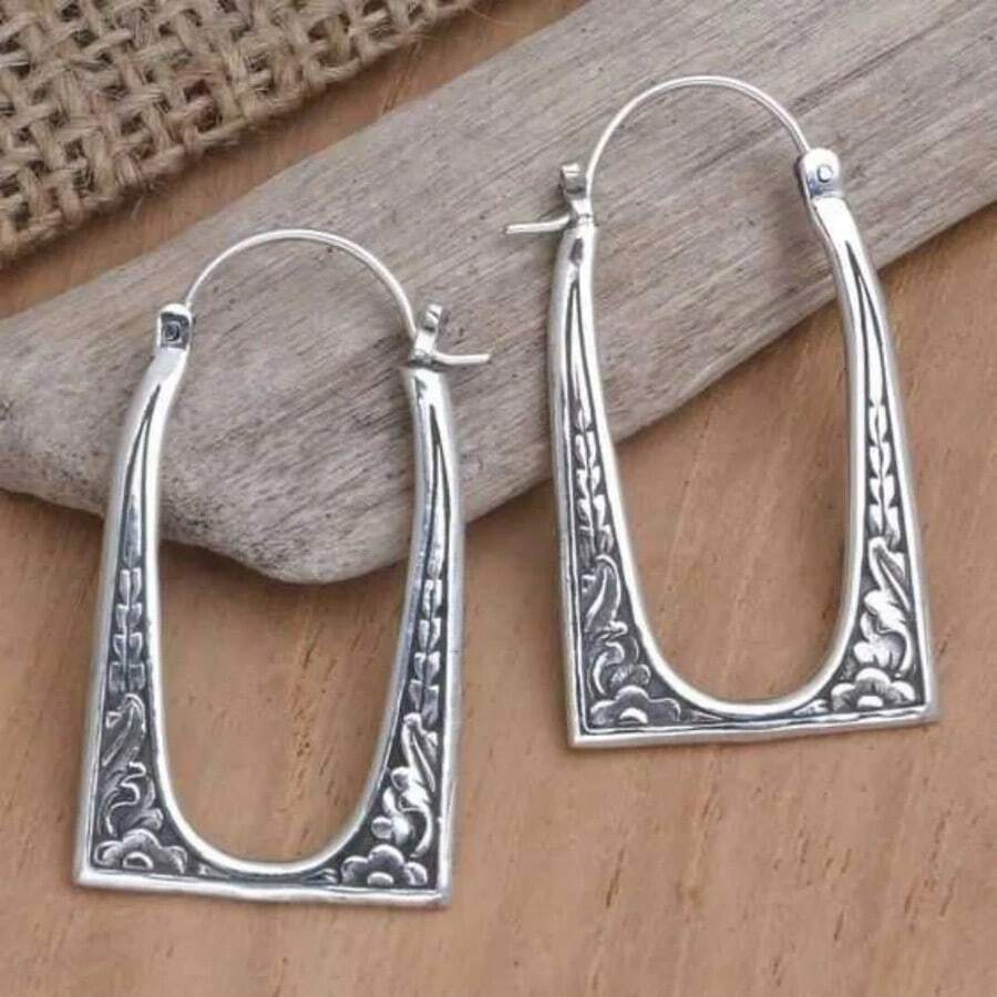 Pendientes de mujer, accesorios femeninos de joyería vintage con patrón de planta hueco de banda ancha exagerada, estilo punk rock - E1466-1 - Ver 1