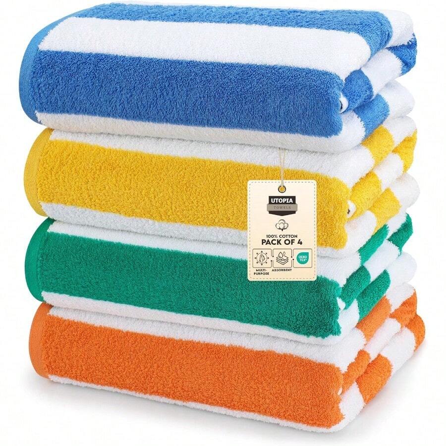 Utopia Towels - [Paquete de 4 toallas de playa Cabana Stripe 30 x 60 pulgadas toallas de gran tamaño 100% algodón hilado en anillos toallas de baño altamente absorbentes - Azulamarilloverdeynaranja - Ver 1