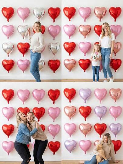 16个/套 母亲节爱心墙饰气球套装（4种颜色可选），18英寸红色/粉色/银色/浅紫色/玫瑰金心形铝箔气球，适用于表达爱意、闺蜜聚会、表白、周年纪念、家庭日、拍照背景、自拍道具、装饰