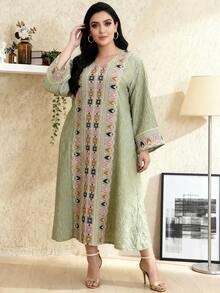 2026 New Style Ramadan Traditional Elegant Embroidered V-Neck Long Sleeve Dress For Women - Green - View 8