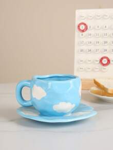 1pc Ins-Style Hand-Painted Cloud & Coffee Cup & Saucer Set, Ceramic Material, Suitable For Home, Office, Cafe, Great Gift Choice - Multicolor - View 2