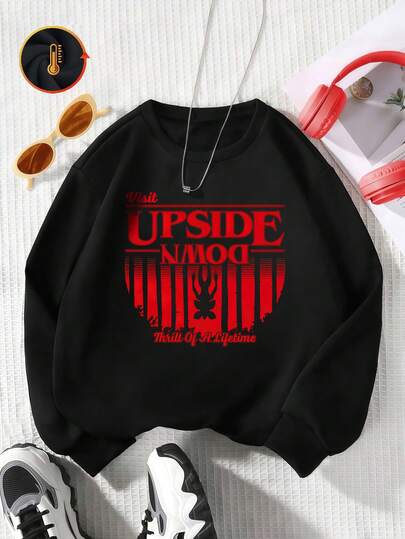 Estampa com um globo vermelho invertido e silhuetas de monstros pretos. Moletom casual oversized Curve, versátil para outono/inverno, tecido grosso, forro de lã quente, gola redonda, modelagem solta, peça versátil para o frio, estilo urbano/preppy, mangas compridas, ideal para climas frios, mistura de algodão, forro de lã, confortável, mangas compridas, para crianças.