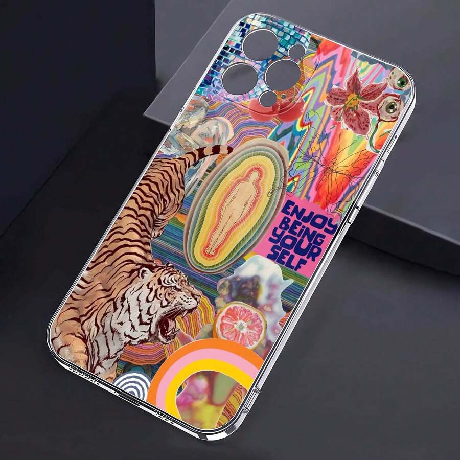 Collage psicodélico con tigre y mensaje empoderador. Esta elegante funda es compatible con los modelos 17, 16, 15, 14 Pro Max, 13, 12, 11, XR y XS Plus. Fabricada en silicona TPU, ofrece protección contra golpes y caídas, además de una sensación superior. Es un regalo ideal para familiares, amigos y seres queridos, y una opción perfecta para Año Nuevo. - transparente - Ver 1
