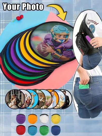 Abanico plegable de nailon personalizado con foto, disco volador de nailon con sublimación, abanico de disco volador plegable, playa colorida, ventilador de mano portátil y plegable para refrescarse en verano, disponible en varios colores, incluye bolsa de almacenamiento, set de actividad al aire libre DIY