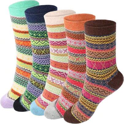 Pack de 5 calcetines térmicos de invierno, calcetines retro casual, calcetines de punto clásicos, calcetines térmicos de lana para el hogar para senderismo y montañismo en invierno,37286383