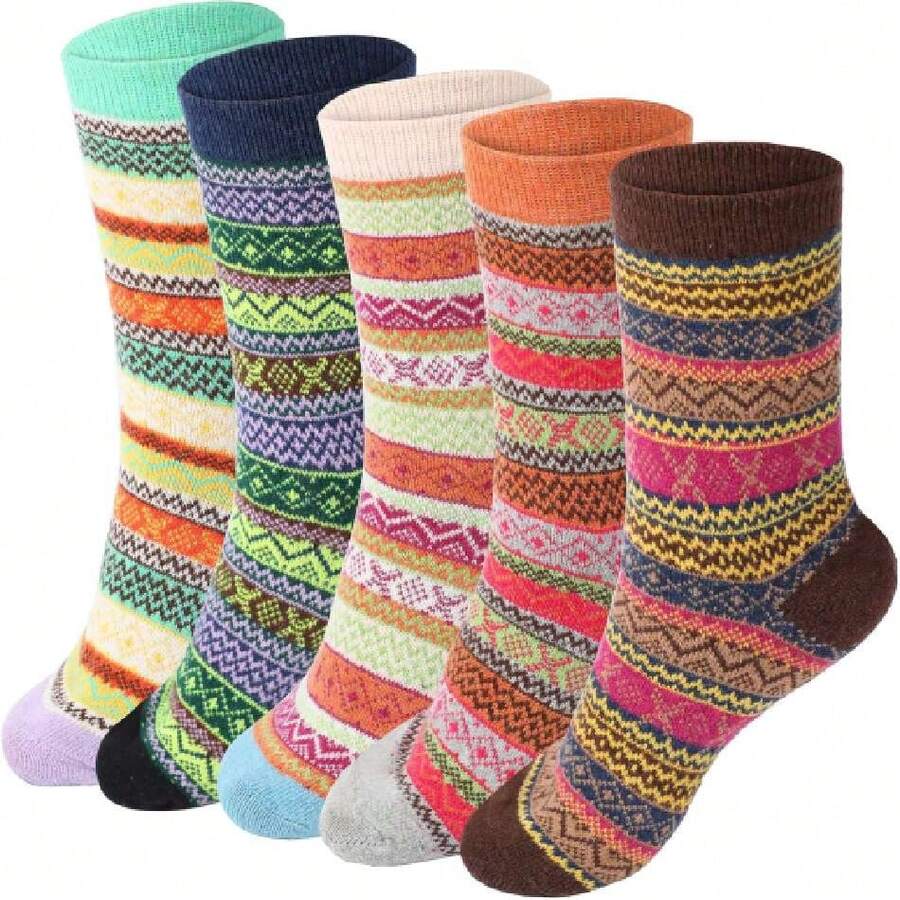 Pack de 5 calcetines térmicos de invierno, calcetines retro casual, calcetines de punto clásicos, calcetines térmicos de lana para el hogar para senderismo y montañismo en invierno,37286383 - Color caoba - Ver 1