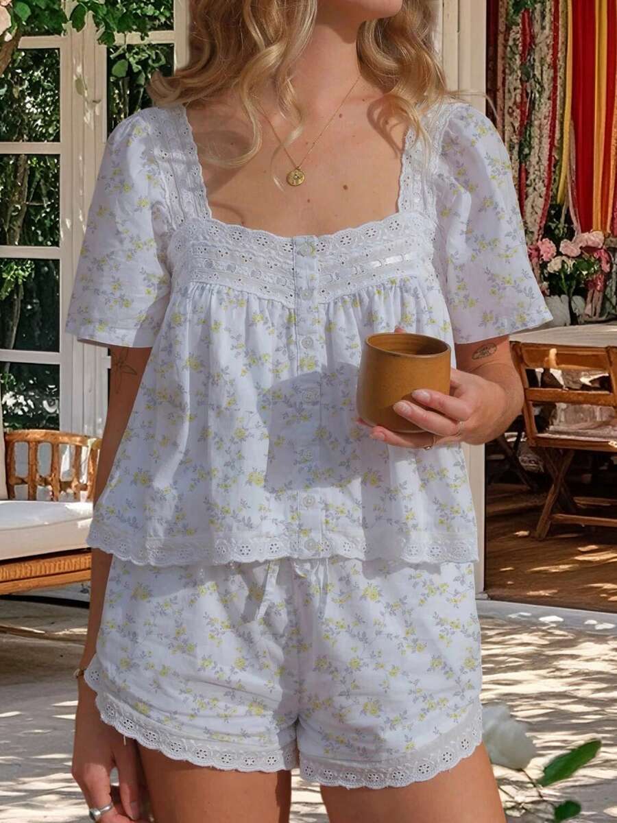 Women 2 Piece Floral Pajama Set Lace Trim Short Sleeve Button-Up Tops And Elastic Waist Shorts Casual Sleepwear Outfit - Yellow - View 1