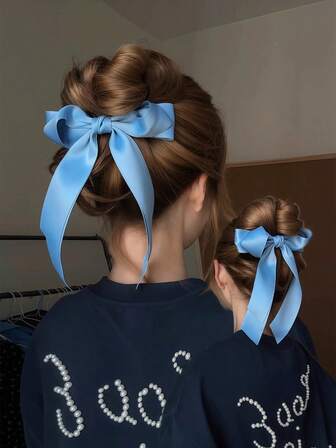 2PCS Blue Elegant Ribbon Bow Hair Clip Stylish Hair Clip For Women - Versatile Spring Clip For The Back Of The Head Luxurious Everyday Hair Clip