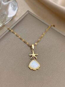 Shiny Gold Textured Chain Necklace With Starfish & Mother-Of Pendant - Fresh Nautical Design, Delicate Beachy Jewelry For Summer Casual Stylish Looks,Unisex, Valentine's Day Gift, Stainless Steel Necklace - Multicolor - View 2