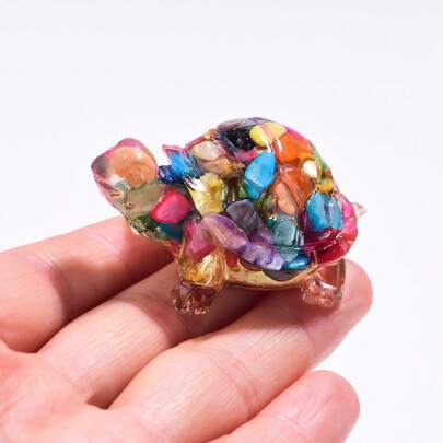 Crystal Chip Resin Turtle Statue Healing Gemstone Feng Shui Decor Home Office Pocket Gift
