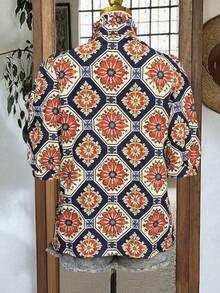 Women's Casual Plaid & Floral Print Short Sleeve V-Neck Loose Blouse, Spring/Summer Vacation - Royal Blue - View 4