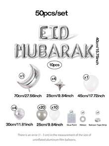 50pcs/Set Eid Mubarak Party Decorations, Moon & Star Foil Balloons, 16" "Eid Mubarak" Letter Balloons, Gold/Silver/Rose Gold Crescent Balloons, Gold, Silver, Rose Gold, White Latex Balloons, Suitable For Ramadan & Eid - Silver - View 3