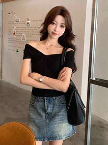 女款V領短袖T恤 春/秋新款 純色打結設計 美式辣妹風 時尚修身百搭短版上衣 休閒款 - 黑色 - 查看 5