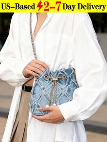 New Fashion Classic All-Match Solid Color Diamond Lattice Raw Edge Metal Drawstring Opening And Closing Design Shoulder Bucket Bag, Elegant Women's Wallet, Suitable For Shopping, Commuting To Work, Party Gatherings - 彩色 - 查看 6