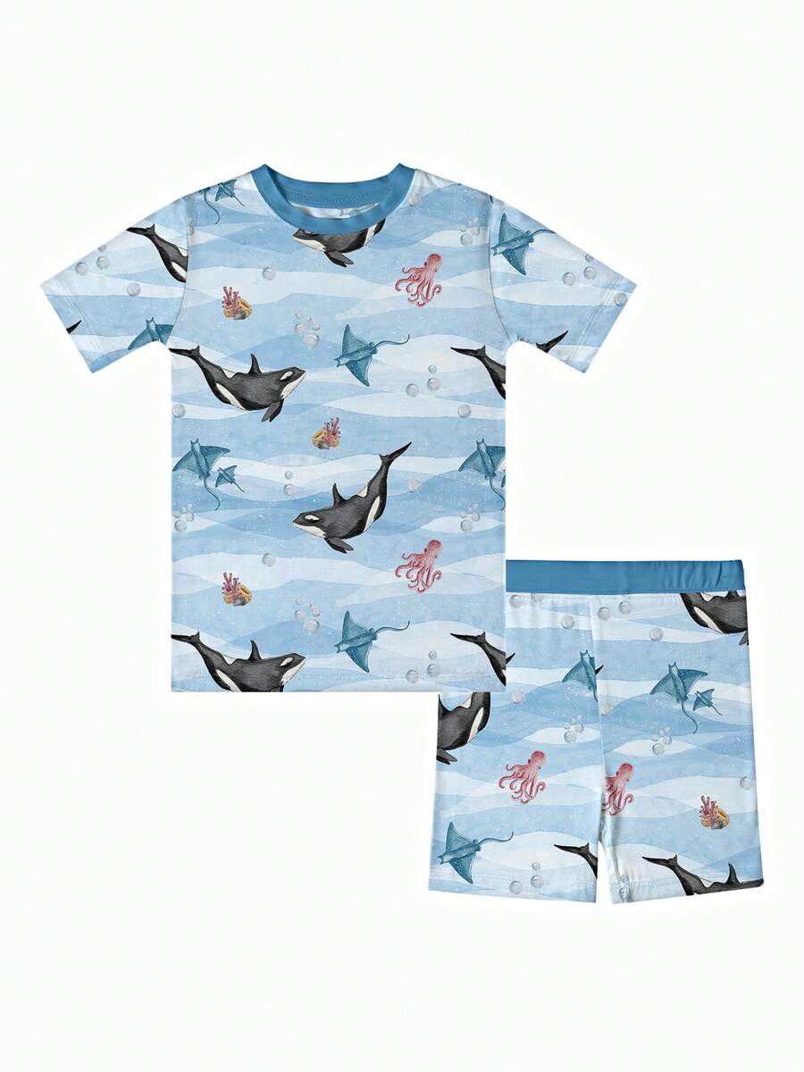 Bamboo Fiber - Summer Marine Animals Dolphin Octopus Print Set, Blue Red White Hot Dog Ice Cream Print, Comfortable And Fitted, Highly Elastic, Machine Washable, Suitable For Outdoor Summer Infant Boy Girl Use. - 藍色 - 查看 1