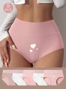 5pcs/Pack High Waist Heart Print Cotton Breathable Stretchy Briefs For Women - Multicolor - View 7